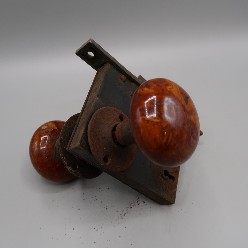Antique Door Knob Lock Plate Lock Assembly Eastlake Style Brown Stone Marble